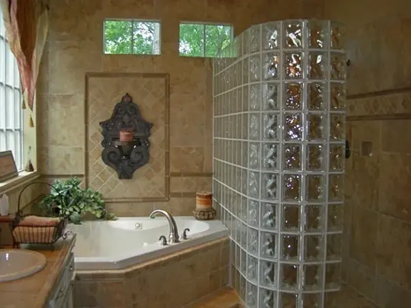 Curved Glass-Block Primary Bath in Memorial
