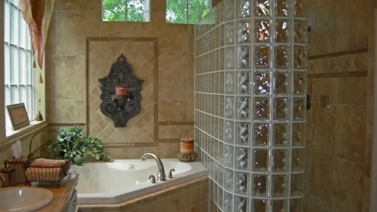Curved Glass-Block Primary Bath in Memorial